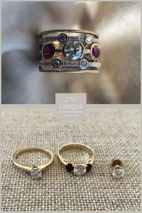 Ring Designs From Old Rings, Ruby Jewelry Design, Resetting Jewelry Ideas, New Settings For Old Diamonds, Modern Stone Rings, Inherited Jewelry Ideas, Vintage Jewelry Redesign, Repurposing Family Diamonds, Remounting Diamonds Rings