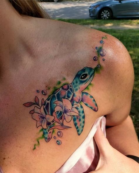 Sea Turtle Tattoo Colorful, Colorful Turtle Tattoo, Sea Turtle Tattoo Color, Vacation Tattoo Ideas, Turtle Watercolor Tattoo, Beach Tattoo Ideas, Watercolor Tattoo Sleeve, Beachy Tattoos, Turtle Tattoos