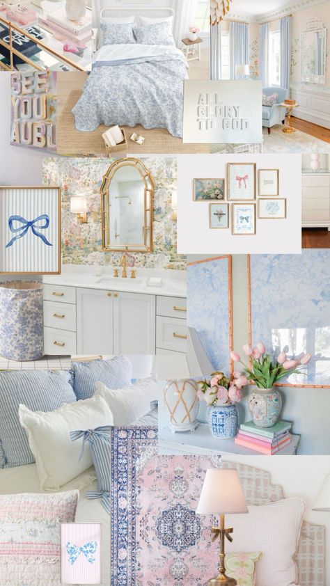 Costal Grandmother Aesthic Room, Light Pink And Blue Room, Form Room Ideas, Different Room Aesthetics Types, Blue And Pink Room Aesthetic, Pink And Blue Room Aesthetic, Costal Grandma Aesthetic Room, Light Blue Bedroom Aesthetic, Blue Coquette Room