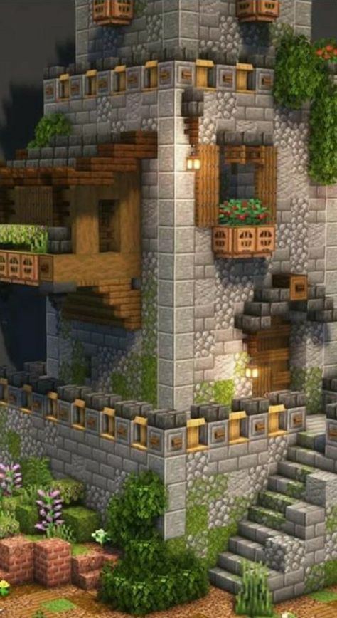 Minecraft Steep Roof, Medieval Staircase Minecraft, Minecraft Foundation Ideas, Detailed Minecraft Builds, Minecraft Castle Exterior, Minecraft Stone House Ideas, Space Engineers Base Design, Mine Shaft Entrance Minecraft, Minecraft Medieval Wall Design