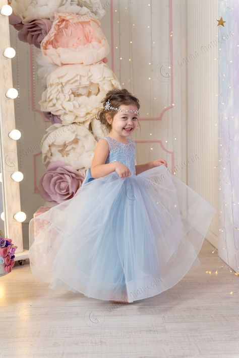 Blue Flower Girl Dress V-neckline Back Bow First Birthday - Etsy Bridesmaid Blue, Blue Flower Girl Dress, Mum Wedding, Blue Flower Girl, Lace Top Wedding Dress, Blush Flower Girl Dresses, First Birthday Dress, Flower Girl Dresses Blue, Pink Tutu Dress