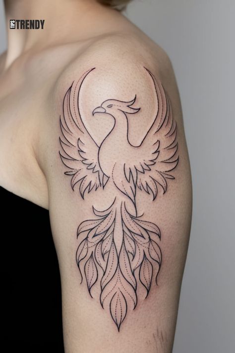 Outline phoenix tattoo with no shading Tattoo Without Shading, Line Phoenix Tattoo, Phoenix Tattoo Stencil, Simple Phoenix Tattoo Feminine, Minimalist Phoenix Tattoo, Pheonix Tattoo For Women, Phoenix Outline, Simple Phoenix Tattoo, Phoenix Feather Tattoos