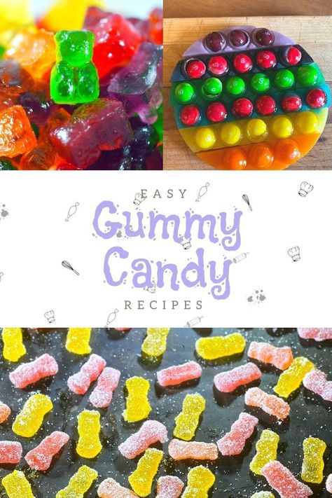 There are 3 pictures in this post.  The top left one are multicolored, multi flavored gummy bears.  The top right one is a gummy recreation of a Pop It toy with skittles for buttons.  The bottom are gummies in the shape of cartoon children that a yellow, pink and orange. Sour Gummies Recipe, Homemade Gummy Candy, Gummy Recipes, Sour Candy Recipe, Sour Gummies, Homemade Gummy Bears, Gummies Recipe, Bear Recipes, Candy Recipes Homemade