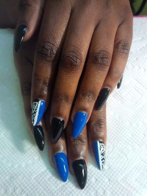 Blue and black stiletto nails with white Aztec print Blue Black White Nails, Nails With White, Black White Nails, Black Stiletto Nails, Black Stilettos, Stiletto Nails, Aztec Print, Blue And Black, Black Nails