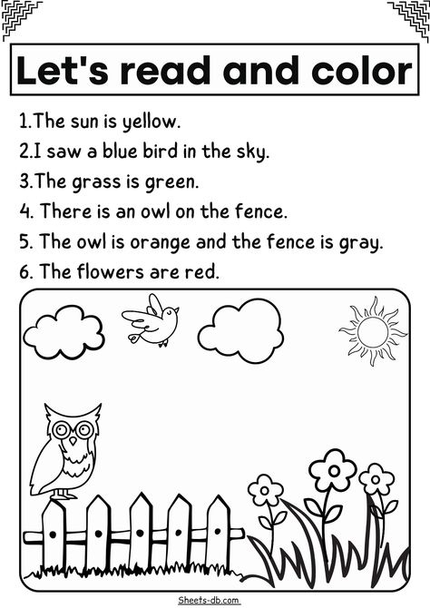 Free pdf Read And Color Worksheets, Read And Color, Reading Comprehension For Kids, Kindergarten Reading Worksheets, English Activities For Kids, Kindergarten Learning Activities, English Worksheets For Kids, Phonics Reading, 1st Grade Worksheets