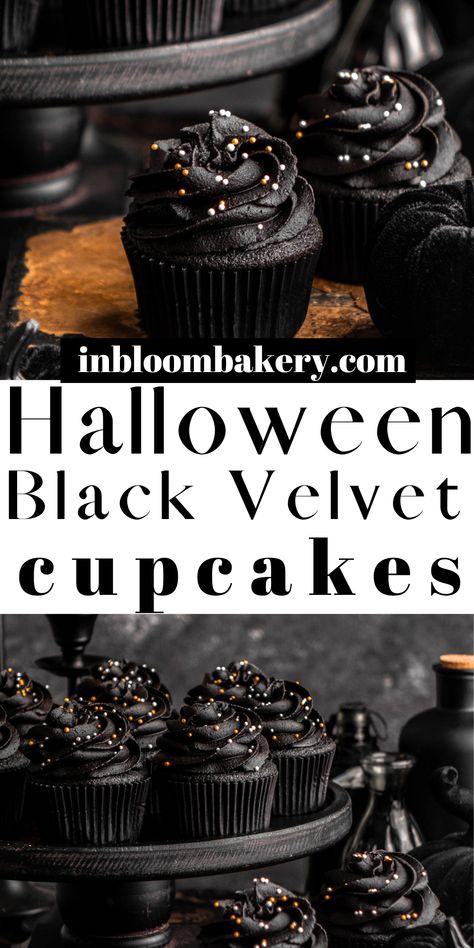 These are the best black velvet cupcakes! They're super moist and chocolatey and topped with a decadent black cocoa buttercream. They have a rich black color that makes these perfect for Halloween parties and all of spooky season! Black Velvet Cupcakes, Black Cocoa Powder, Black Velvet Cakes, Black Cupcakes, Baking Spices, Black Cocoa, Halloween Fest, Halloween Dessert, Halloween Baking