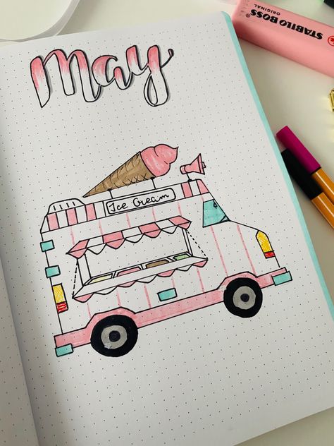 Ice Cream Van Drawing, Stabilo Aesthetic, Ice Cream Truck Drawing, Ice Cream Bullet Journal, Bujo May, Notebook Aesthetic, May Bullet Journal, Bullet Journal Work, Organization Bullet Journal