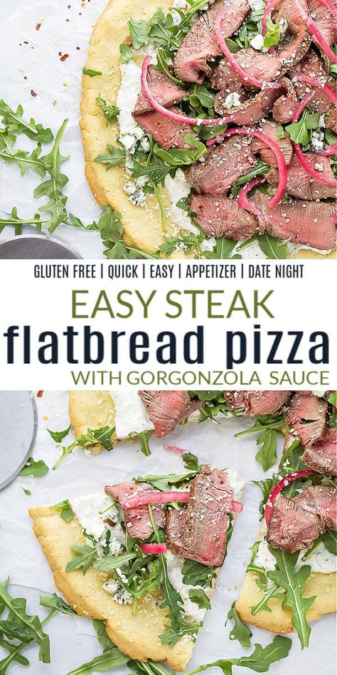 An Epic Steak Flatbread Pizza topped with Gorgonzola Sauce, fresh arugula then piled high with filet mignon and pickled onions. This easy gluten free pizza recipe is must make, it's perfect as a main dish or an appetizer. #glutenfreepizza #steakrecipe #steakflatbread #pizzarecipe #bobsredmill #joyfulhealthyeats #ad #datenight #appetizerrecipe Steak Flatbread Recipes, Steak Flatbread Pizza, Flatbread Topping Ideas, Steak Flatbread, Arugula Flatbread Pizza, Gorgonzola Pear Pizza, Pizza Pear Gorgonzola, Flatbread Toppings, Flatbread Prosciutto Arugula Pizza