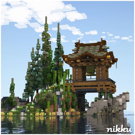 Bell Shrine On the Water ⛩️🌊 comment if are you a #prismarine or #mossycobblestone kind of tree 🤔🤔 this build is 100% survival friendly (except the water) - 🔦Shaders: Complimentary 🔧Built on: play.bakery.builders - Be sure to like, follow, and share with your friend who loves Minecraft! - #minecraft #mcpe #minecraftart #minecraftbuild #mcbuilds #minecraftbuilding #minecraftjava #minecraftarchitecture #minecraftonly #minecraftbuilds #minecraftideas #minecrafthouse #minecraftinspiration #mine... Water Build Minecraft, Things To Build On Water In Minecraft, River Minecraft Ideas, Japanese Dock Minecraft, Water Fall Minecraft, Buddha Minecraft, Japanese Bridge Minecraft, Minecraft Wishing Well, Minecraft Prismarine Builds