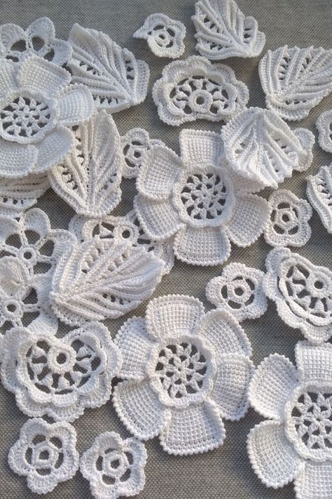 Flower applique.Irish lace motif. Lace crocheted flower motifs. Wedding crochet decorations.Flower and leaf patches.Vintage crochet. Crochet flower. Crocheted flowers for clothing decoration. Use them in your projects. Create a new style of clothing. Add a touch of vintage lace. Decorate a wedding outfit. Crochet Flower Motif, Crochet Decorations, Patches Vintage, Wedding Crochet, Irish Lace Crochet Pattern, Irish Crochet Flowers, Irish Crochet Motifs, Crocheted Flower, Crocheted Flowers