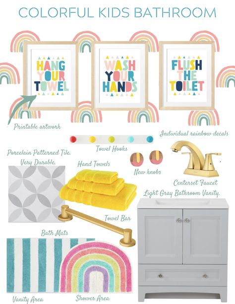 Brother Sister Shared Bathroom Ideas, Rainbow Bathroom Ideas, Kids Bathroom Cabinet Colors, Baby Girl Bathroom Ideas, Boy Girl Shared Bathroom Ideas, Kids Bathroom Ideas Girl, Baby Bathroom Ideas, Light Blue Kids Bathroom, Brother And Sister Shared Bathroom