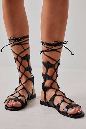 Schutz Gladiator Sandals "Cassia" Tall Gladiator Sandals, Free People Spring, Lace Up Gladiator Sandals, Black Sandals Flat, Black Gladiator Sandals, Lace Up Sandals, All The Way Up, Summer Look, Gladiator Sandals