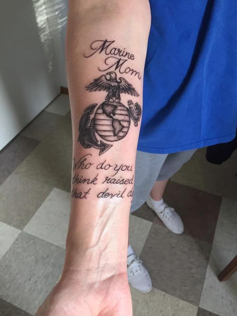 Marine Mom And Son Tattoos, Proud Marine Mom Tattoo, Marine Corp Mom Tattoos, Marine Sister Tattoo, Marine Mom Tattoo Ideas Sons, Marine Tattoos For Women, Usmc Mom Tattoo, Marine Mom Tattoo, Usmc Tattoos