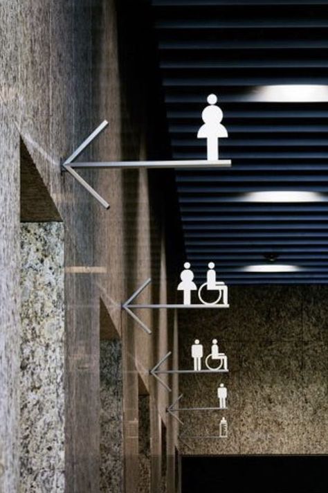 Toilet Signage, Bathroom Signage, Restrooms Signage, Wc Sign, Wayfinding Signage Design, Wayfinding Signs, Restroom Design, Way Finding, Wayfinding Design