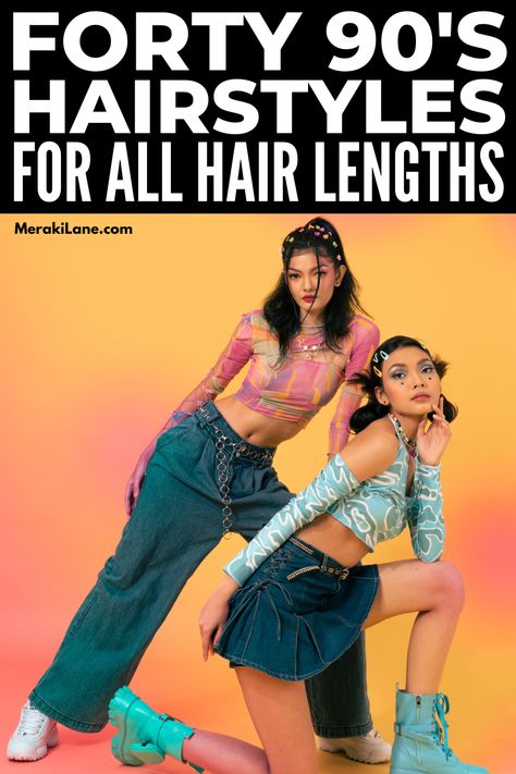 Fun 90s Hairstyles, 90s Scrunchie Hairstyles, 90s Hair Trends 1990s, Hair Styles From The 90’s, 90s Fashion For Party, 1995 Hairstyles, Womens 90s Hairstyles, Late 90s Hairstyles, 90s Fashion Hair