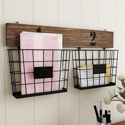 Hanging Double Wire Basket Organizer- Wall Mount Storage, Rustic Style Multi-Use Bins for Entryway, Office & Home Decor by Lavish Home - Walmart.com - Walmart.com Organizational Wall, Farmhouse Baskets, Office Redo, Metal Bins, Wall Mount Storage, Diy Mail, Entryway Office, Bill Organization, Basket Organizer