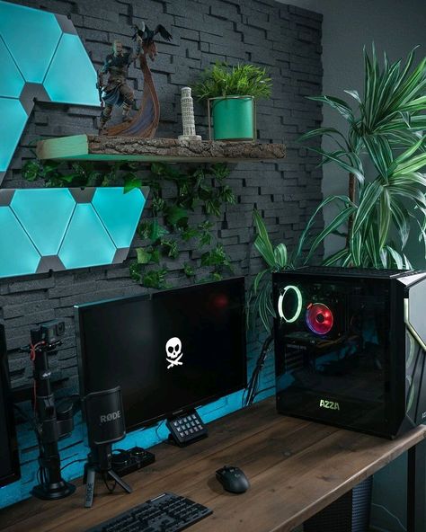 Natural Gamer Setup, Aesthetic Gaming Setup Plants, Plant Gamer Room, Gaming Room With Plants, Plant Gaming Room, Natural Gaming Setup, Gaming Setup With Plants, Gaming Setup Plants, Plant Gaming Setup