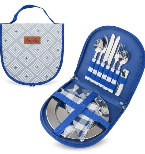 This portable lightweight cutlery set is perfect for your next Road Trip, Picnic or Camping Trip. You can leave this tableware set permanently in your car. Mess Kit Camping, Camping Cooking Set, Camping Plates, Camping Cutlery, Picnic Plates, Camping Utensils, Mess Kit, Camping Dinners, Picnic Essentials