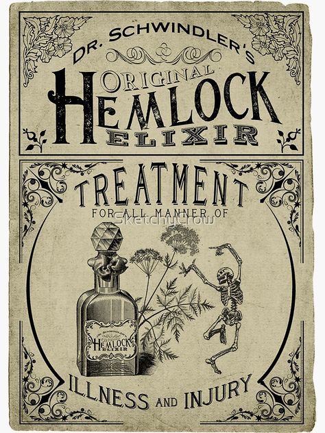 "Dr. Schwindler's Original Hemlock Elixir Vintage Label" Sticker by SketchyCrow | Redbubble Herb Labels, Rock Identification, Vintage Medicine, Potion Labels, Halloween Potions, Antique Glass Bottles, Vintage Labels, Paper Ephemera, Bottle Design