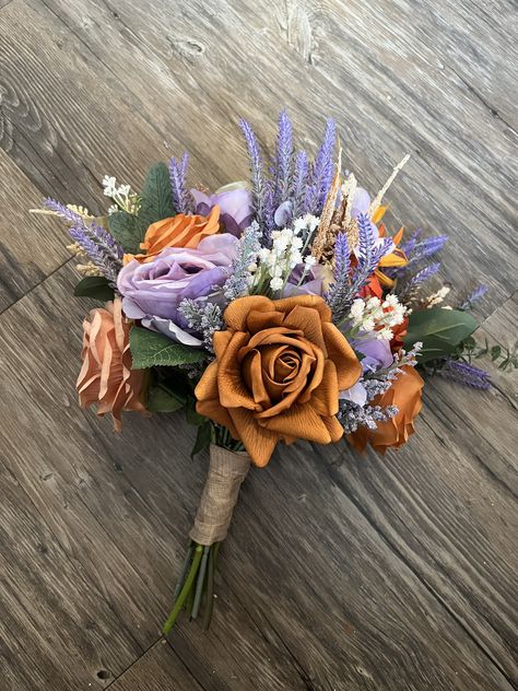 Wedding Bouquet Lavender Terracotta Bride Bouquet Purple and - Etsy Rust Bride Bouquet, Purple And Orange Corsage, Purple And Terracotta Decor, Lavender And Burnt Orange Wedding, Terracotta And Lavender Wedding, Orange And Purple Wedding Theme, Burnt Orange And Purple Wedding, Lilac And Orange Wedding, Lavender And Orange Wedding