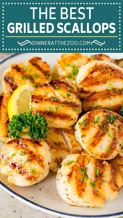 These grilled scallops are marinated in a blend of olive oil, lemon, garlic and herbs, then seared to golden brown perfection on the grill. A quick and easy meal option that's simple yet totally satisfying! Grilled Scallop Recipes, Grilled Scallops Recipe, Scallops Recipes, Chocoflan Recipe, Frozen Scallops, Seafood Delight, Seafood Dinners, Fresh Scallops, Scallops Recipe