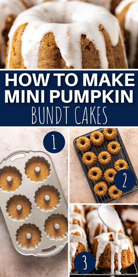 Collage showing how to make mini pumpkin spice bundt cakes. Mini Pumpkin Spice Bundt Cakes, Mini Bundlette Recipe, Nothing Bundt Cakes Bundtinis, Pumpkin Mini Bundt Cakes, Pumpkin Mold Recipes, Mini Pumpkin Bundt Cakes, Bundt Cake Recipes Mini, Mini Bundt Cake Recipes From Mix Boxes, Moist Bundt Cake Recipes