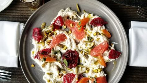 Winter Citrus Salad with Stracciatella - - Recipe from BostonChefs.com - recipes from Boston's best chefs and restaurants in Boston Stracciatella Salad, Light Easy Dinner, Stracciatella Recipe, Restaurants In Boston, Potato Cutlets, Citrus Salad, Food Aesthetics, Best Chef, Cheap Eats