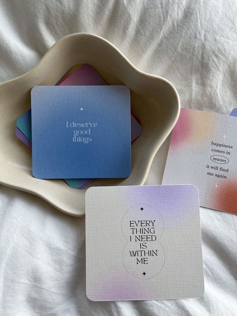 💌  Positive affirmation cards designed in 12 unique colours to promote happiness 🌱 Perfect gift for a loved one or for yourself to encourage self care, mindfulness and positive thinking every day ☁️ These cards are aimed to uplift your mood and remind yourself to be kind to yourself and your mind  The cards:   This deck of cards contain 12 unique designs and words, one for each month of the year (6 of the designs can be viewed in the photos, and 6 will remain a mystery until they arrive) 💗 Cards are handmade and printed on luxury 300 gsm linen card stock.  Sizes are 9cm x 10cm approx 📬 Cards can be purchased with or without the wooden stand. We package the cards in a large letter box which fits your standard UK letter box Shipping: As our products are made to order on a small scale, pl Mum Affirmations, Positive Cards, Mindfulness Cards, Details Quotes, Healing Self, I Deserve Better, Spiritual People, Positive Affirmation Cards, Encouragement Cards