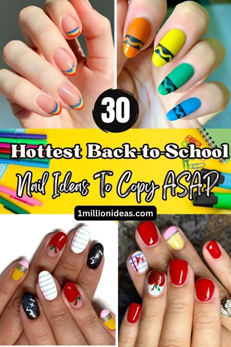 30 Hottest Back-to-School Nail Ideas To Copy ASAP Back To School Nails Short Simple, Cute First Day Of School Nail Ideas, Gel Nails Back To School, Classy Back To School Nails, Cute Simple Back To School Nails Designs, Preschool Nail Designs, Back To School Nails For Kids, Notebook Nails Design, Kindergarten Teacher Nails