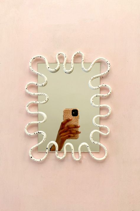 The Future of Interior Design Is Soft and Squiggly | Vogue Electric Interior, Dark Room Aesthetic, Squiggly Mirror, Aesthetic Mirrors, Squiggle Mirror, Funky Mirrors, Funky Bathroom, Blob Mirrors, Mirror Frame Diy