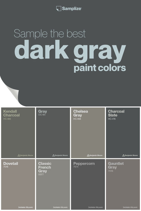 Sample the best dark gray paint colors with Samplize to enhance your living space effortlessly! Cool Tone Grey Paint Colors, Indoor Grey Paint Colors, Home Depot Grey Paint Colors, Dark Gray Color Scheme, Best Dark Grey Exterior Paint Color, Best Dark Grey Paint Color, Dark Greige Paint Colors, Colors That Compliment Gray, Grey Ceiling Paint