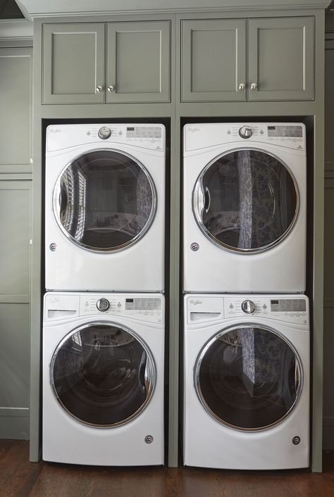 set of two washer and dryer, stacked with green cabinets Laundry Room With Tall Washer And Dryer, Lg Stackable Washer Dryer Laundry Room, Corner Washer And Dryer, Laundry Room With Gray Washer And Dryer, Laundry Room With 2 Washers And Dryers, Double Washer And Dryer Laundry Room, Chic Laundry Room Ideas, Chic Laundry Room, Washer Dryer Laundry Room