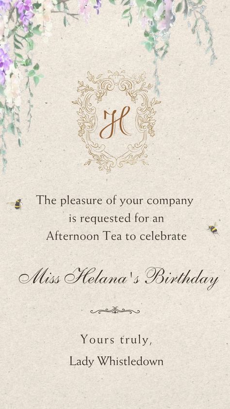 Step into the elegance of a Bridgerton-inspired tea party with our exquisite digital invitation! Perfect for a Bridgerton-themed birthday celebration, this video invitation sets the tone with its regal design and charming details. Delight your guests with a touch of old-world glamour as they receive this beautifully crafted invitation, reminiscent of an era filled with romance and refinement. Let our Bridgerton Tea Party Video Invitation transform your event into a splendid affair that will be remembered for its grace and sophistication. Bridgerton Themed Invitation, Bridgerton Party Invitation, Bridgerton Aesthetic Party, Birthday Tea Party Invitations, Birthday Invitations Aesthetic, Bridgerton Invitation, Quincenera Invitations, Diy Party Invitations, Bridgerton Tea Party