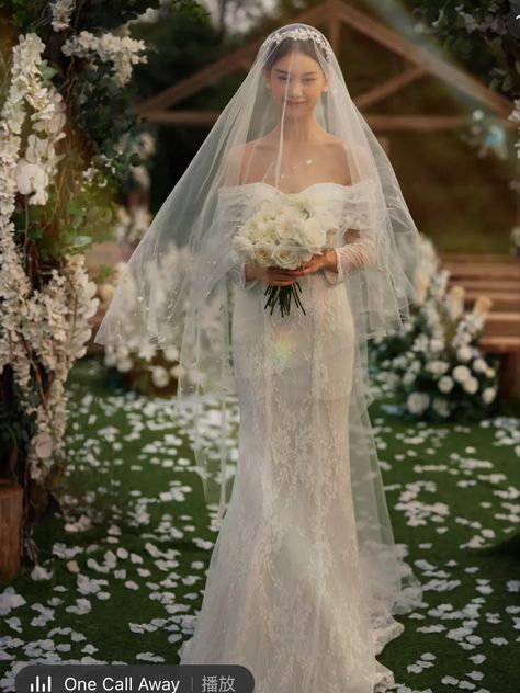 Bella's Wedding Dress Twilight, Korean Wedding Inspiration, Korean Bridal Dress, Korean Bride Dress, Off Shoulder Mermaid Wedding Dress, Wedding Dresses Lace Corset, Raining Sound, Wedding Dress Korean, Mermaid Wedding Dress With Train