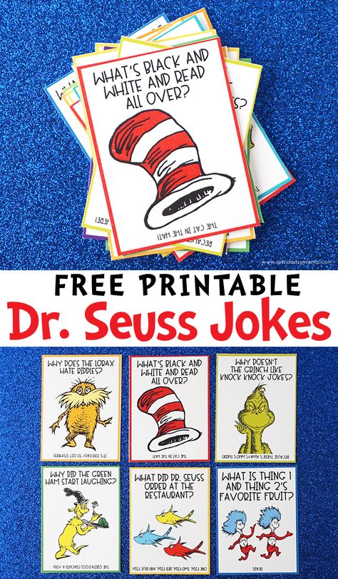 Free Printable Dr. Seuss Jokes | artsy-fartsy mama Dr Seuss Week Homeschool, Dr Suess Thing 1 Thing 2 Printables, Dr Suess Literacy Activities Preschool, Dr Seuss Preschool Craft, Dr Seuss Family Literacy Night, Dr Suess Week Ideas, Dr Seuss Literacy Night, Dr Seuss 3rd Grade Activities, Preschool Dr Seuss Week