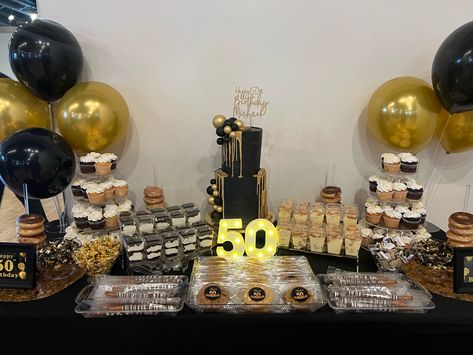 Black & Gold Black And Gold Candy Bar Ideas, Black And Gold Treat Table Ideas, Black And Gold Desert Bar, Black And Gold Party Food, Gold Treat Table, 50th Birthday Dessert Table, Black And Gold Treat Table, Black And Gold Dessert Table Ideas, Gold Party Food