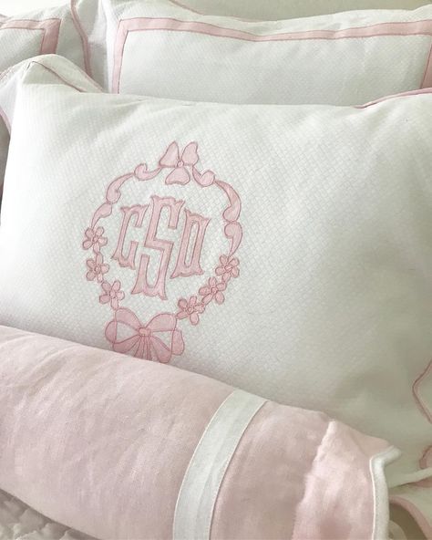 Leontine Linens (@leontinelinens) • Instagram photos and videos Leontine Linens, Monogram Bedding, Duck T Shirt, Kitchen Ikea, Style Bed, Monogram Pillows, Girl’s Room, Daffy Duck, Bed Linens Luxury