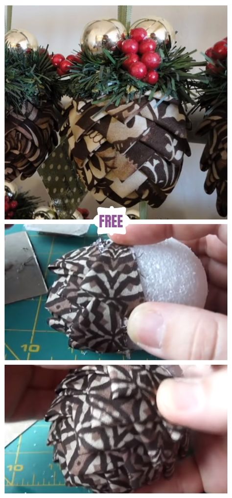 No-Sew Fabric Pine Cone Christmas Ornament DIY Tutorial Christmas Ornament Diy, Sewn Christmas Ornaments, Christmas Decorations Sewing, Pine Cone Christmas, Folded Fabric Ornaments, Ornament Diy, Pinecone Ornaments, Christmas Decorations Wreaths, Quilted Ornaments