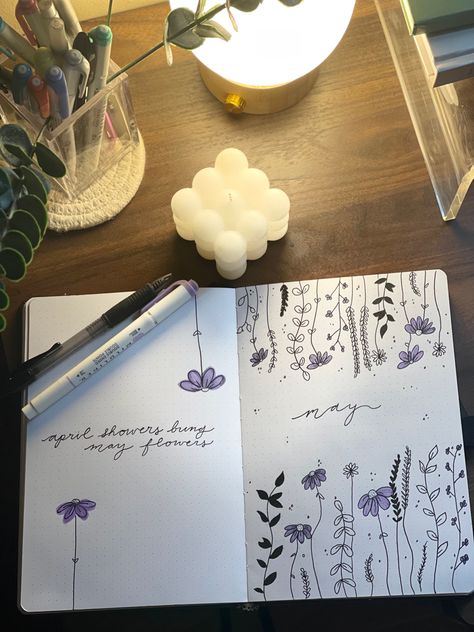 Bullet journal inspo, may bullet journal cover, floral bullet journal theme, calligraphy, bullet journal spread Tulip Bullet Journal Theme, Lavender Bullet Journal Theme, Floral Bullet Journal Theme, May Bullet Journal, Plant Bullet Journal Theme, Tracker Bullet Journal Français, Monthly Themes, Bullet Journal Themes, Journal Themes