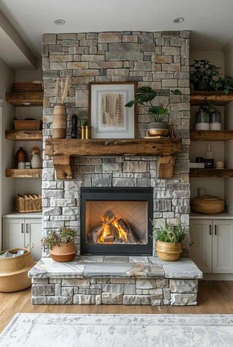 Chimeneas Ideas, Corner Stone Fireplace, Biophilic Interior, Grey Stone Fireplace, Rustic Stone Fireplace, Wood Mantle Fireplace, Farmhouse Fireplace Decor, Fireplace Diy, Stacked Stone Fireplaces