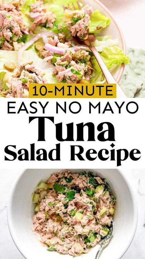 Yummy, quick, easy tuna salad recipes with no mayo! If you're looking for no dairy tuna salad you're in for a treat! Easy to make and great to make ahead for meal prep and more. Healthy tuna salad that is great on top of lettuce or in a sandwich. You could even add this gluten free tuna salad to pasta. This flavorful, healthy tuna salad without mayo uses celery, Dijon mustard, lemon juice, fresh herbs, and extra virgin olive oil to create a super flavorful dish. A healthy lunch or dinner recipe! Dairy Free Recipes Lunch, Dairy Free Tuna Salad, Tuna Salad Without Mayo, Healthy Tuna Sandwich, Tuna Salad Recipes, Tuna Salad No Mayo, Tuna Salad Recipe Easy, Healthy Tuna Recipes, Easy Tuna Salad