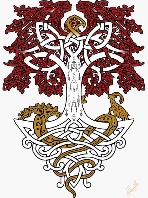 "Yggdrasil and Creatures Norse Mythology Knotwork Coloured" Sticker by MythicComicsArt | Redbubble Norse Symbols, Norse Tattoo, Nordic Tattoo, Celtic Dragon, Norse Runes, Viking Symbols, Viking Art, Norse Vikings, Flower Art Images