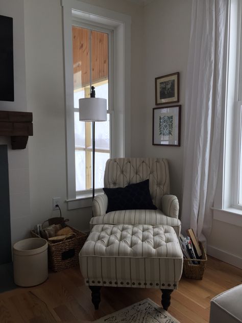 Reading chair with ottoman in corner. Farmhouse living room, block print wall art, vintage family photo, floor lamp, white linen curtains, cozy. Reading Chair With Ottoman, Block Print Wall Art, Block Print Wall, Cozy Reading Corner, Vintage Family Photos, White Linen Curtains, Floor Lamp White, Cozy Reading Corners, Corner Lamp