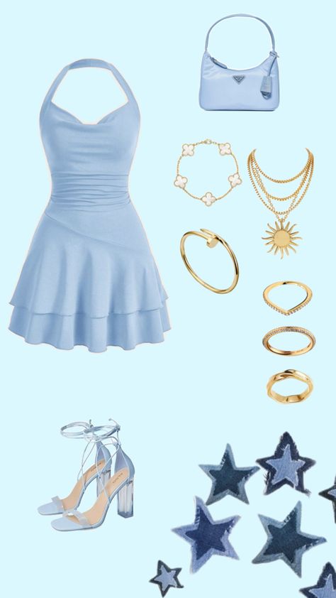 Light blue dress with gold jewelery Light Blue Dresses, Blue Outfit, Blue Dresses, Light Blue, Blue