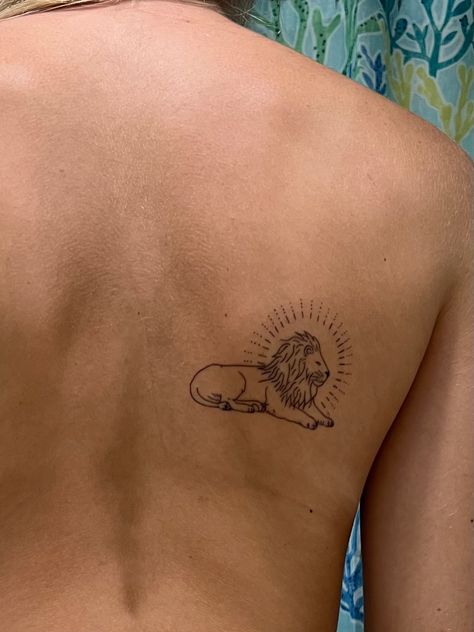 Lion Tattoo For Women Aesthetic, Lion Stretching Tattoo, Lion Laying Down Tattoo, Vintage Lion Tattoo, Leo Tattoo Lion, Lion Tattoo Aesthetic, Biblical Animal Tattoo, Sun Lion Tattoo, Dainty Lion Tattoo For Women