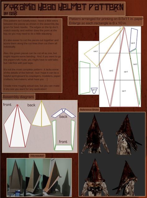 So I made one of these recently for a get-together, and it was a surprise hit! It was a lot of fun to pass around. I thought I'd post the pattern I'd made for myself in order to make it, so that pe... Pyramid Head Diy Costume, Pyramid Head Helmet Diy, Pyramid Head Mask Tutorial, Diy Pyramid Head Costume, Pyramid Head Cosplay Tutorial, Tv Head Cardboard, Cosplans Template, Pyramid Head Helmet, Pyramid Head Cosplay