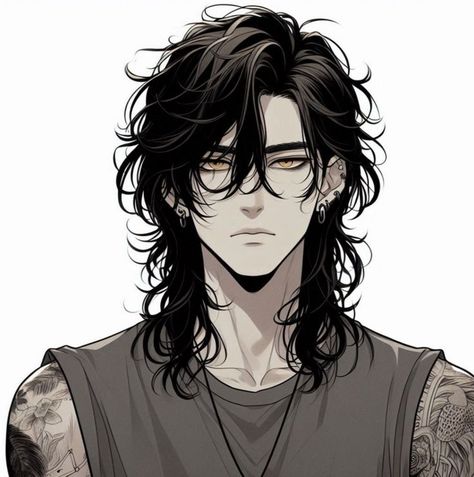 Anime Long Curly Hair Guy, Long Hair Male Hairstyles Drawing, Anime Man Hair Reference, Anime Man With Long Black Hair, Long Haired Anime Boy, Long Hair Men Anime, Anime Long Hair Guy, Long Haired Anime Guys, Cute Anime Guys With Long Hair