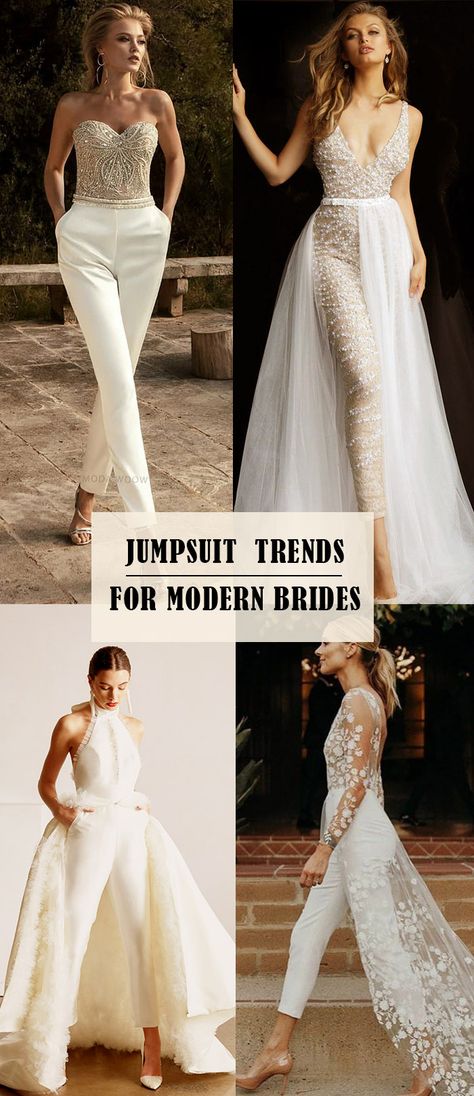 fancy bridal jumpsuits wedding trend for modern brides Modern Vow Renewal Dress, Modern Jumpsuit Fashion, Jumpsuit Bridal Gown, Vow Renewal Outfits The Bride, Civil Wedding Jumpsuit, Wedding Reception Outfit For Bride, Jumpsuits Wedding, Reception Jumpsuit, Wedding Dress Pantsuit