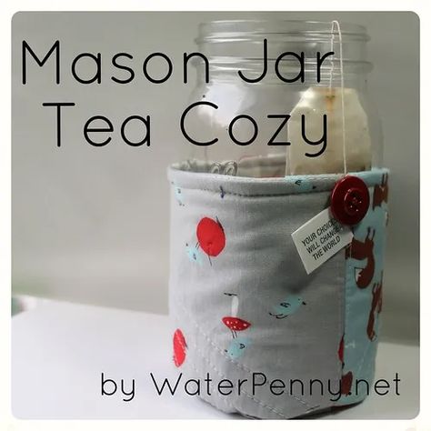 Mason Jar Tea Cozy « modafabrics Mason Jar Tea, Mason Jar Cozy, Simple Holiday Gifts, Quilting Methods, Jar Tea, Moda Bake Shop, Quart Size Mason Jars, Food Jars, Tea Jar