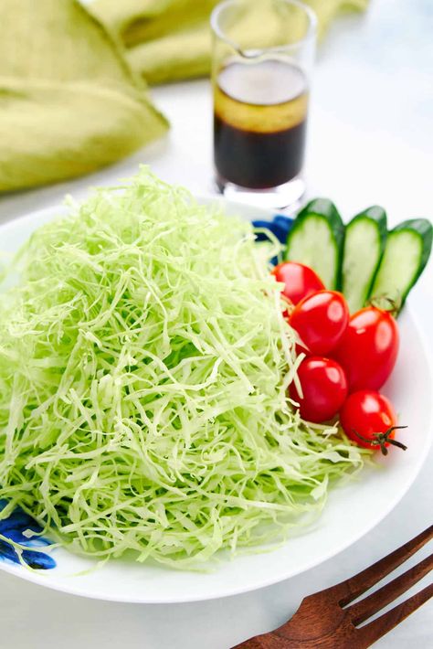 Shredded Cabbage Salad - Japanese Salad for Tonkatsu Cabbage Salad Dressing, Korean Cabbage Salad, Shredded Cabbage Recipes, Shredded Cabbage Salad, Japanese Salad Recipes, Japanese Cabbage Salad, Easy Asian Salad, Japanese Cabbage, Korean Cabbage